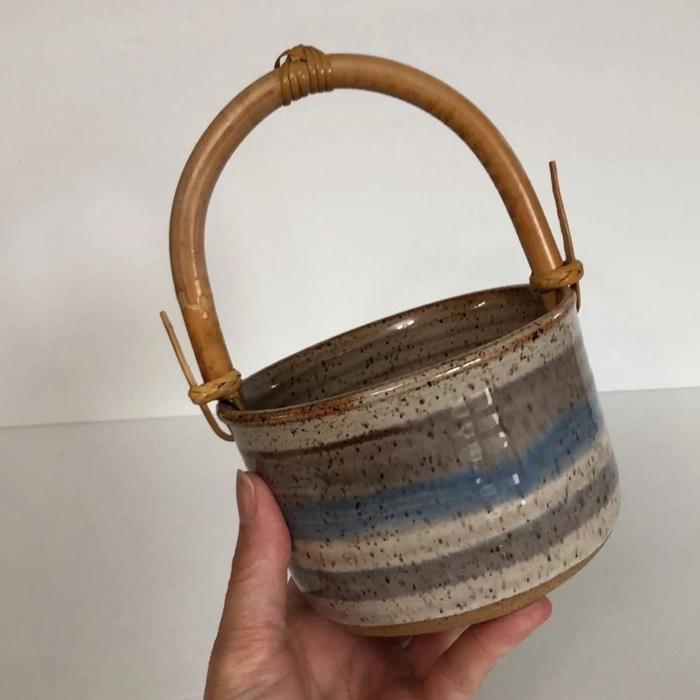 Art Pottery Glazed Basket Style Bowl With Bamboo Handle-Signed
